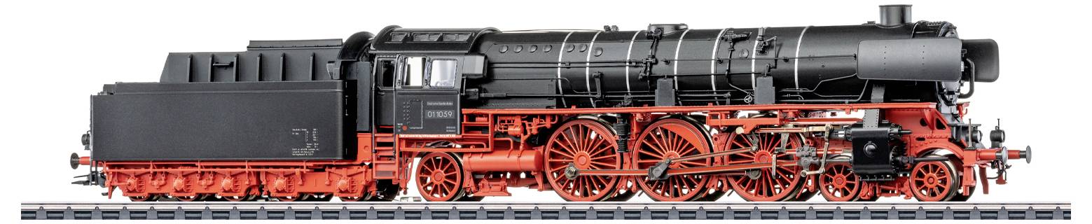 A detailed model of a black and red steam locomotive on display, showcasing intricate mechanical parts and classic design features.