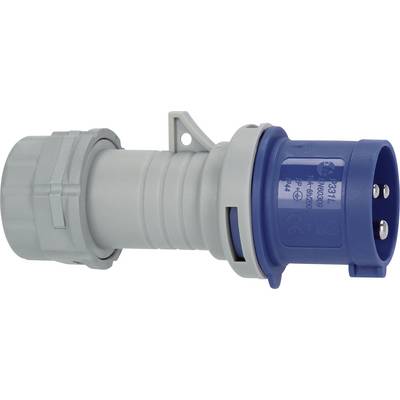 Blue industrial electrical plug with gray connector housing, shown side view on a white background.