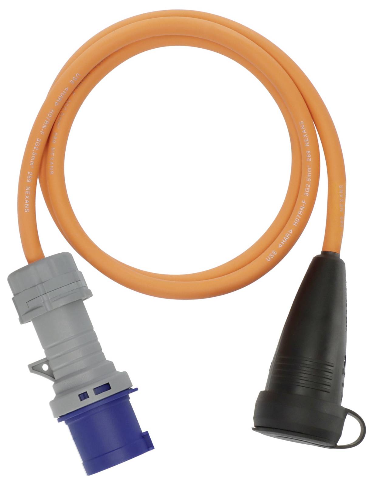 Orange electrical extension cable with a gray and blue industrial plug on one end and a black protective cap on the other, coiled on a white background.
