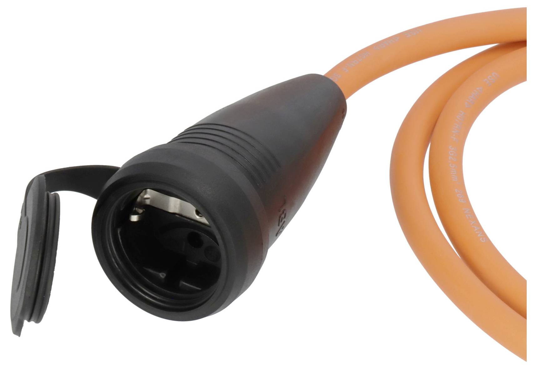 Close-up of an orange electrical cable with a black waterproof connector and protective cap on a white background.