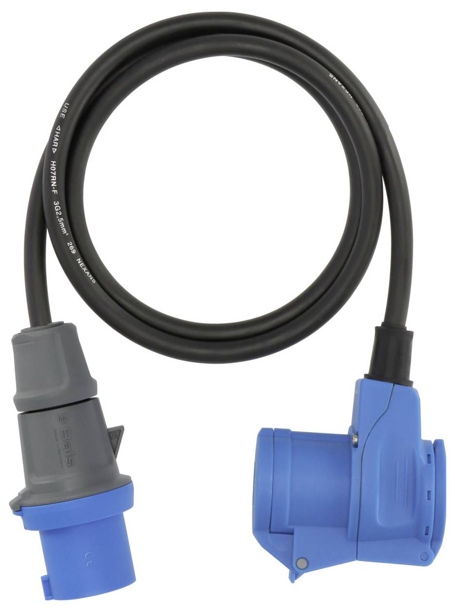 A blue and grey electrical cable with a male and female adapter, used for connecting electrical equipment to power sources.