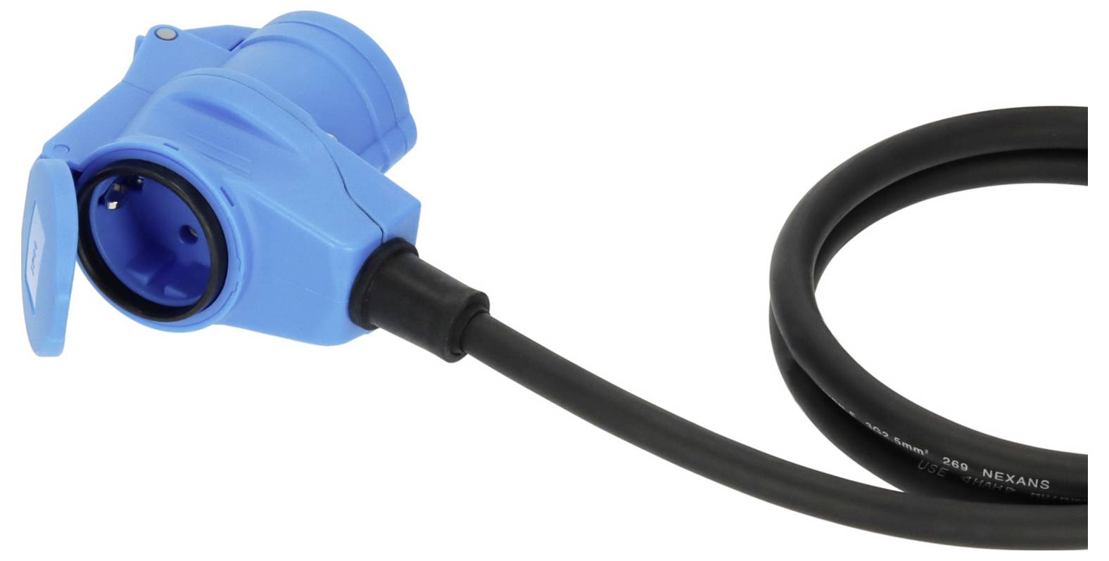 A blue electrical plug with a black cable, shown at an angle, used for power connections.