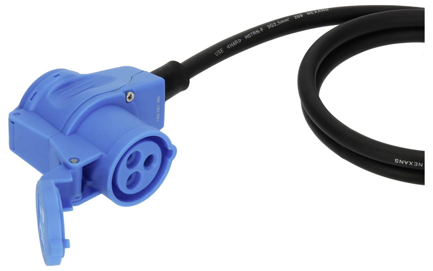 A blue industrial-grade power connector with three-pin holes is attached to a black cable, indicating a setup for electrical connection.