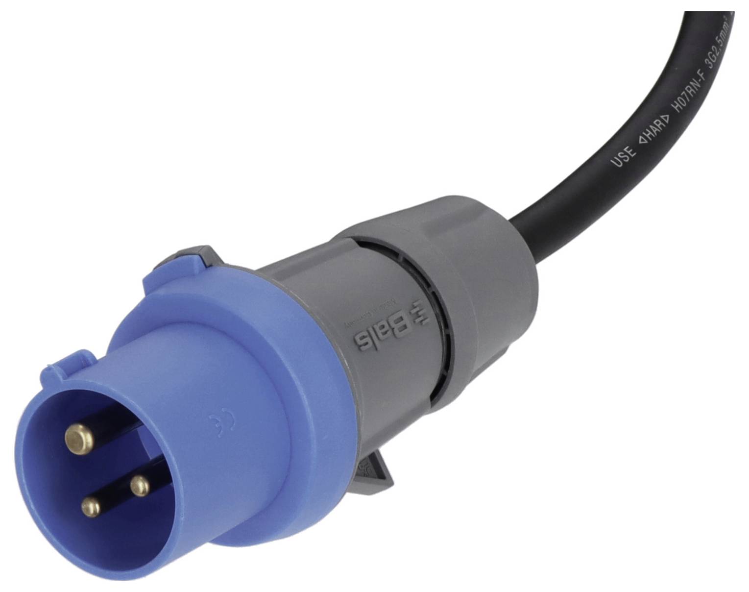 A blue three-pin electrical plug with a black cable, designed for industrial use.