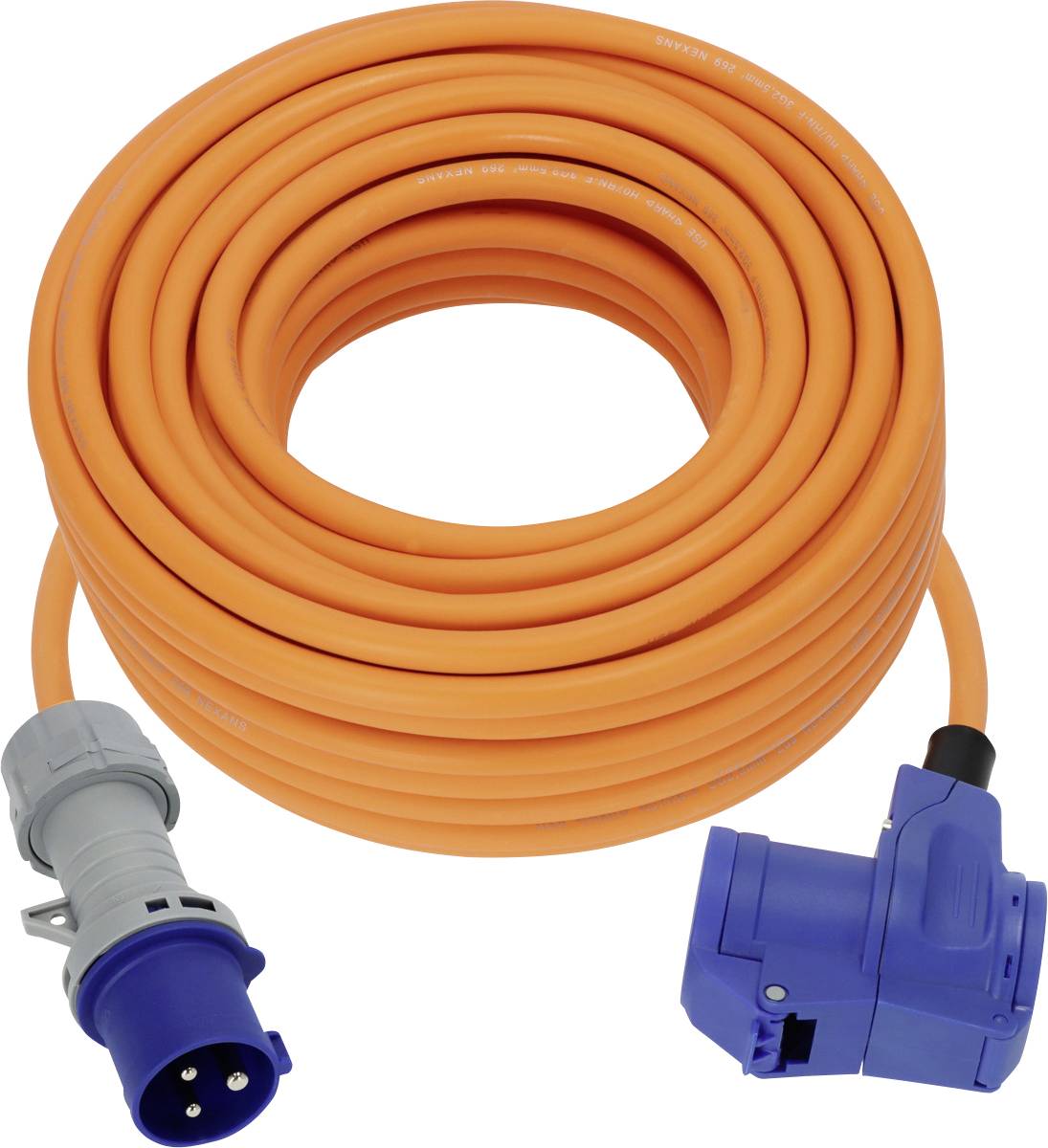 Coiled orange power cable with blue industrial plug connectors on both ends, shown on a white background.