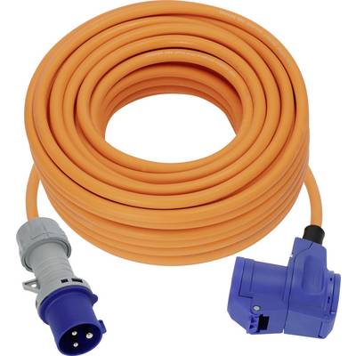 Coiled orange power cable with blue industrial plug connectors on both ends, shown against a white background.