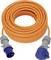 Coiled orange electrical extension cable with blue industrial plug and socket connectors on a white background.