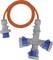 Orange cable with industrial power connector and multi-outlet splitter adapter on a white background.