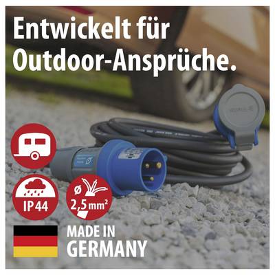 Product display of a blue outdoor power cable with connectors; Text: 'Designed for outdoor requirements', 'IP44', '2.5 mm²', 'Made in Germany'.
