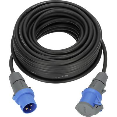 Coiled black power cable with blue and gray industrial connectors on both ends.