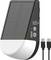 Portable solar charger with built-in battery, USB port, power button, and LED charge indicators, shown with two USB-C cables.<br>