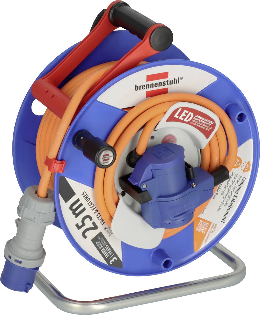 Electrical cable reel with a blue casing, orange cable, plug, and handles. Label reads '25m' with a 'brennenstuhl' logo and LED indicator.