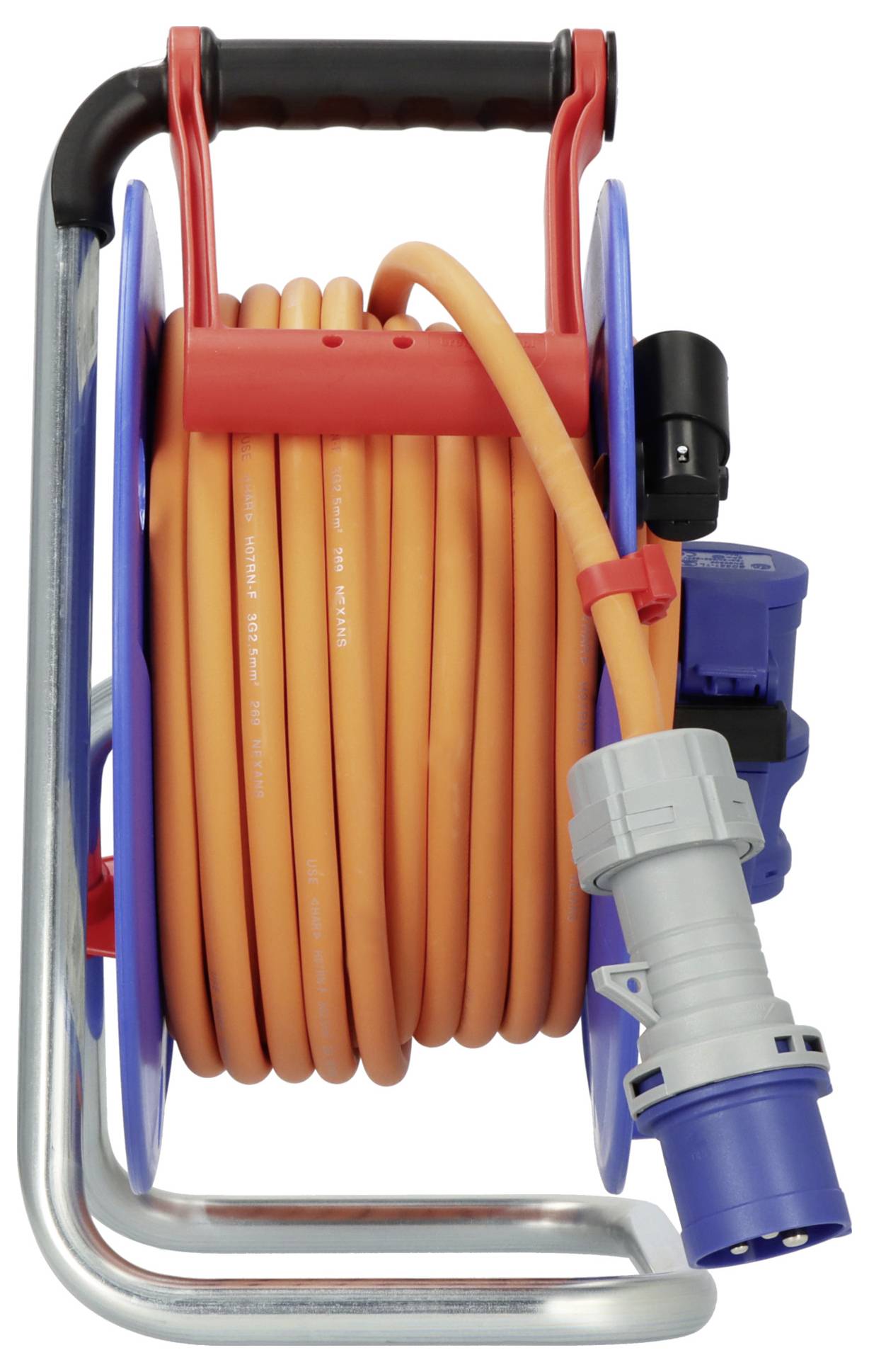 Orange extension cord coiled on a blue and silver reel with a handle, featuring a blue plug and socket.