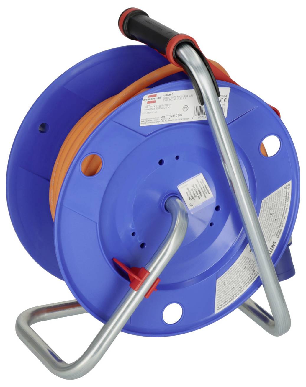 A blue cable reel with orange cable, mounted on a metal frame for easy transport and storage.