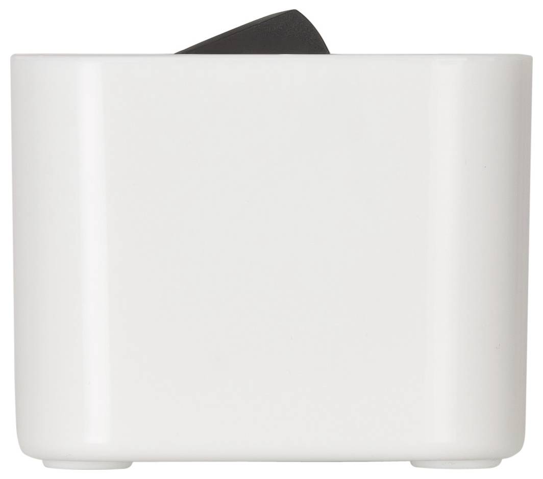 A white rectangular container with a black lid slightly open at the top, against a plain background.