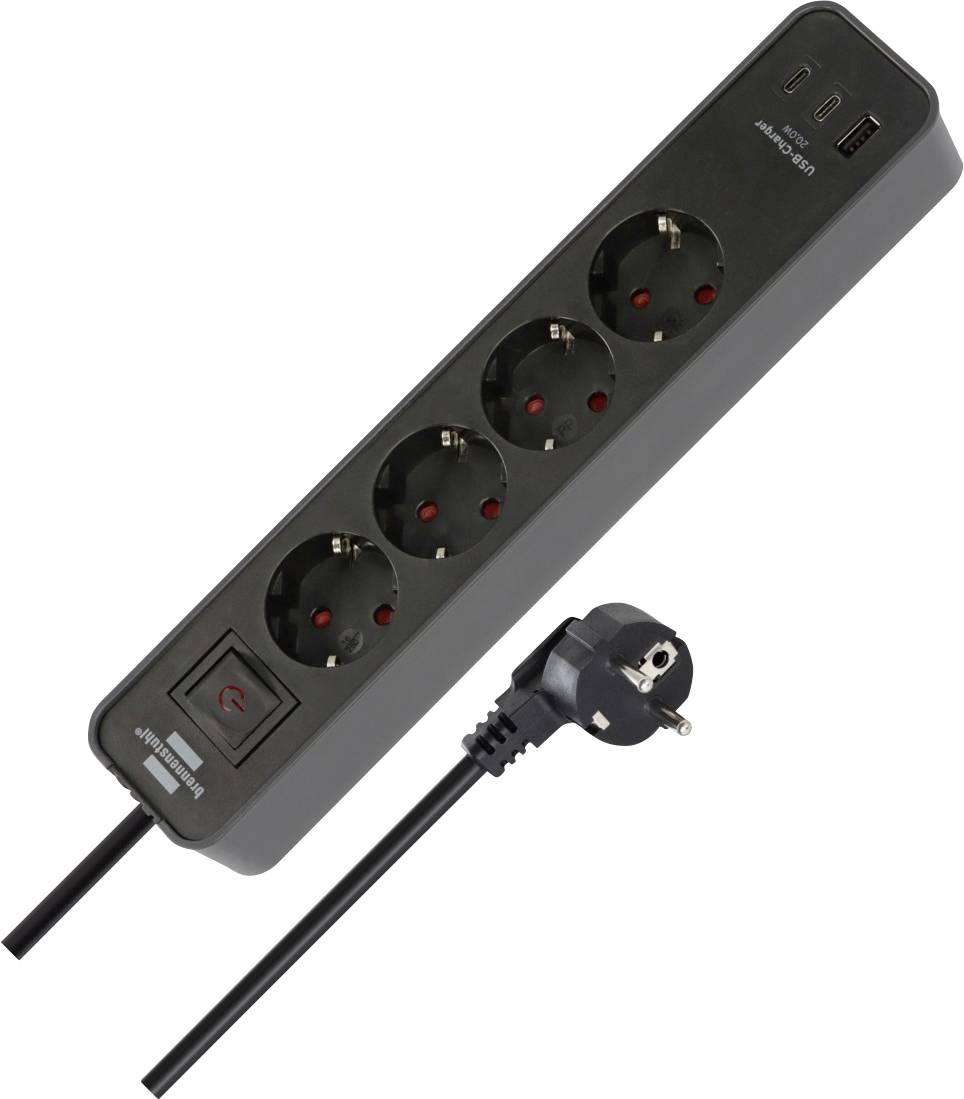Black power strip with four European outlets, two USB ports, and a cable with plug on a white background.