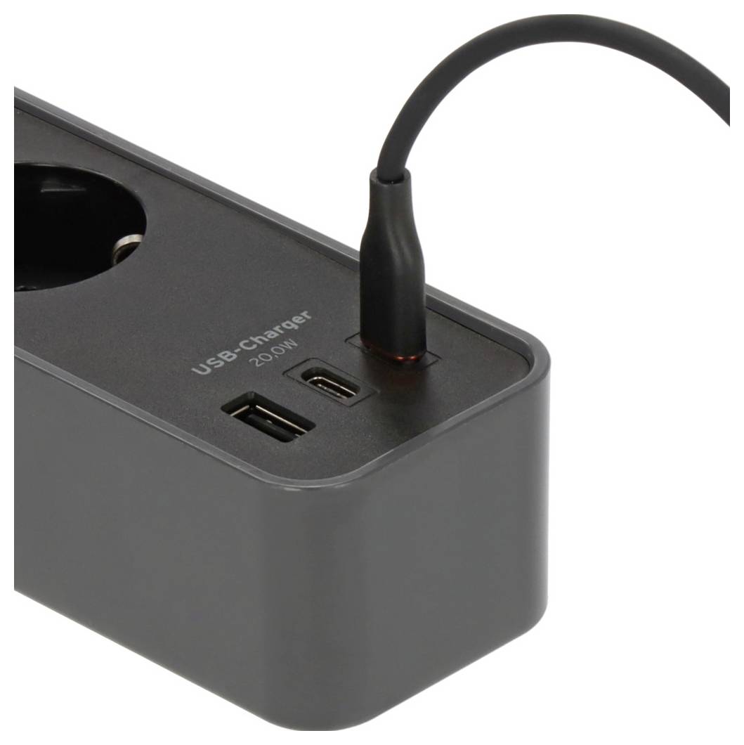 Close-up of a black USB charger hub labeled 'USB-Charger 200W' with two USB ports and a plugged-in cable.