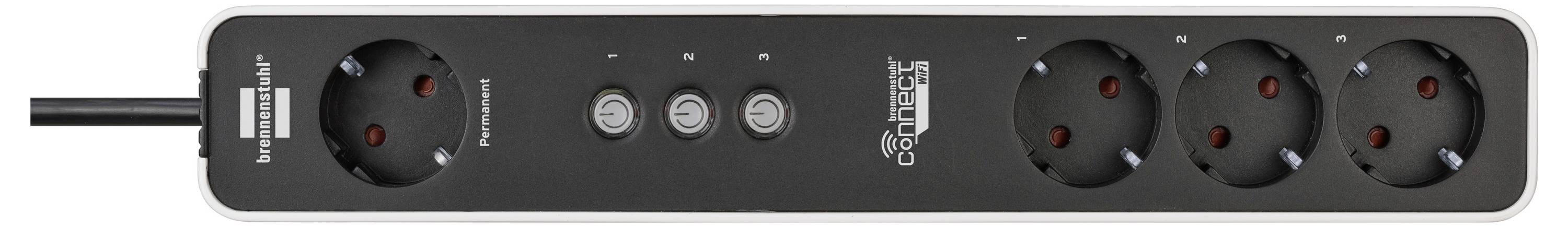 A black power strip with four round sockets and three switches.