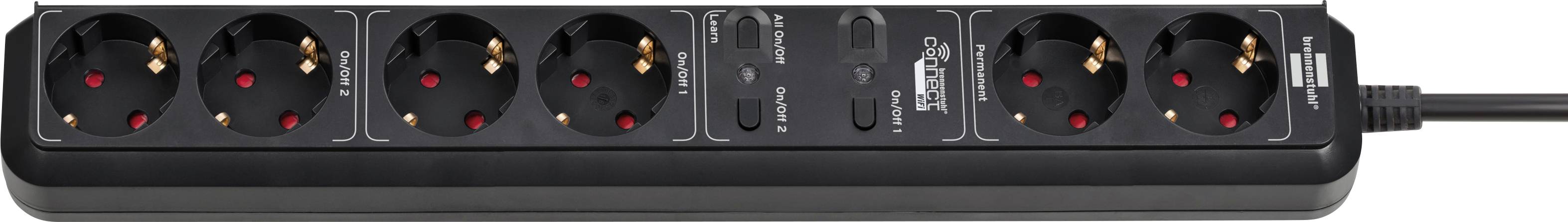 Black power strip with eight Schuko outlets, a white on/off switch and a connected power cord on the right.