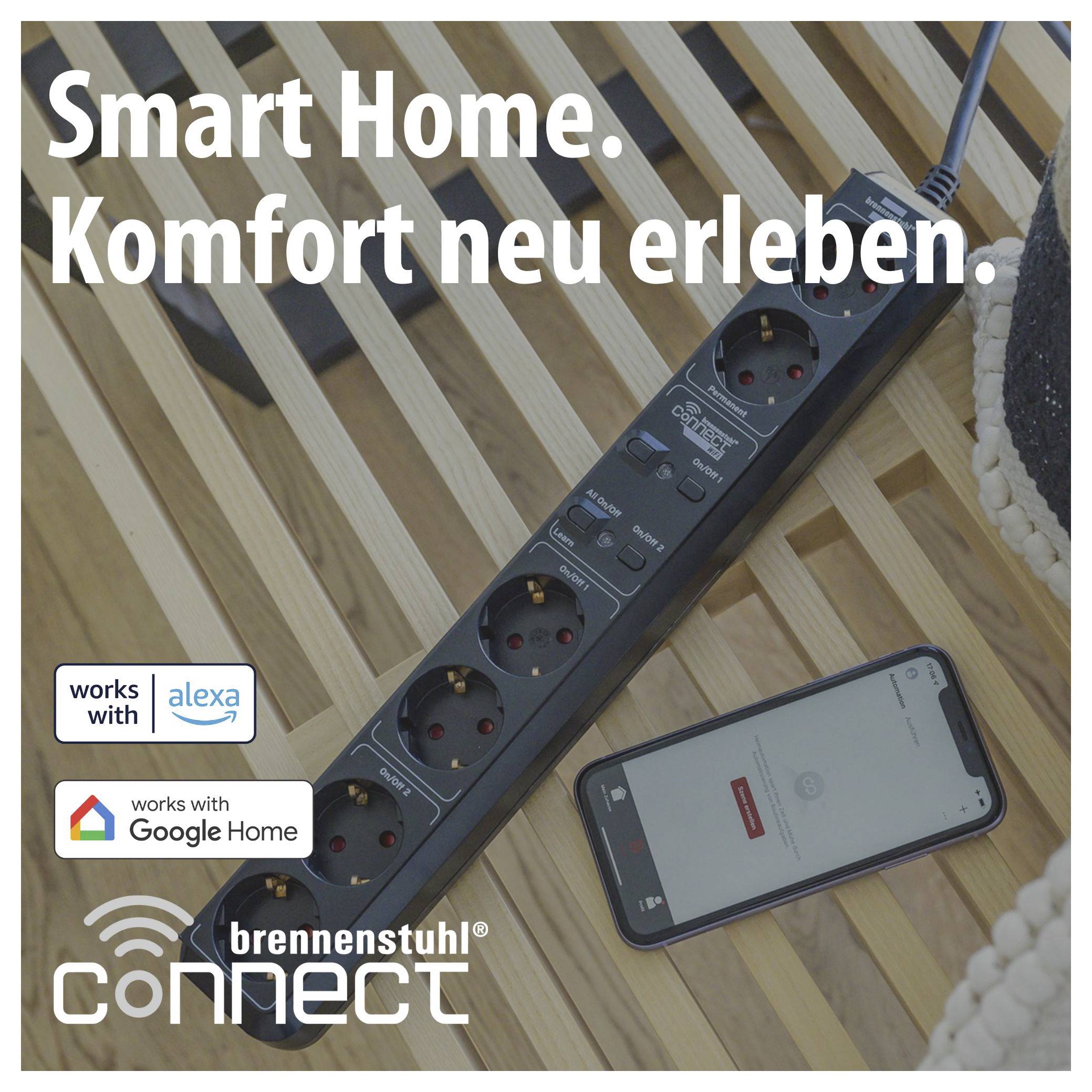 Advertisement for intelligent power strip with smartphone app: 'Smart Home. Experience comfort reimagined.' along with logos for Alexa and Google Home.