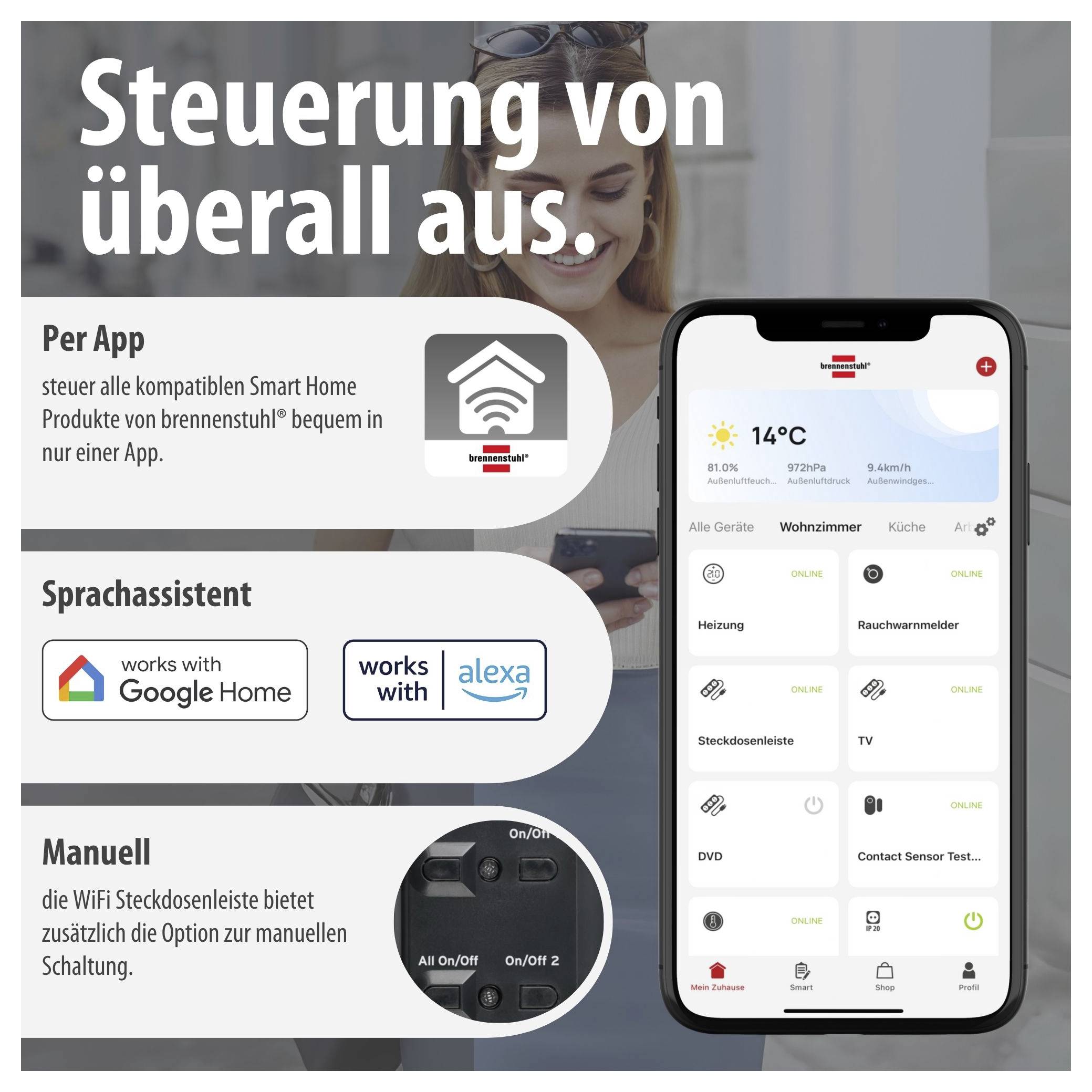 Advertisement for Smart Home Control via App, Voice Assistant and Manual; Smartphone Displays a Home Control App with Room Overview.