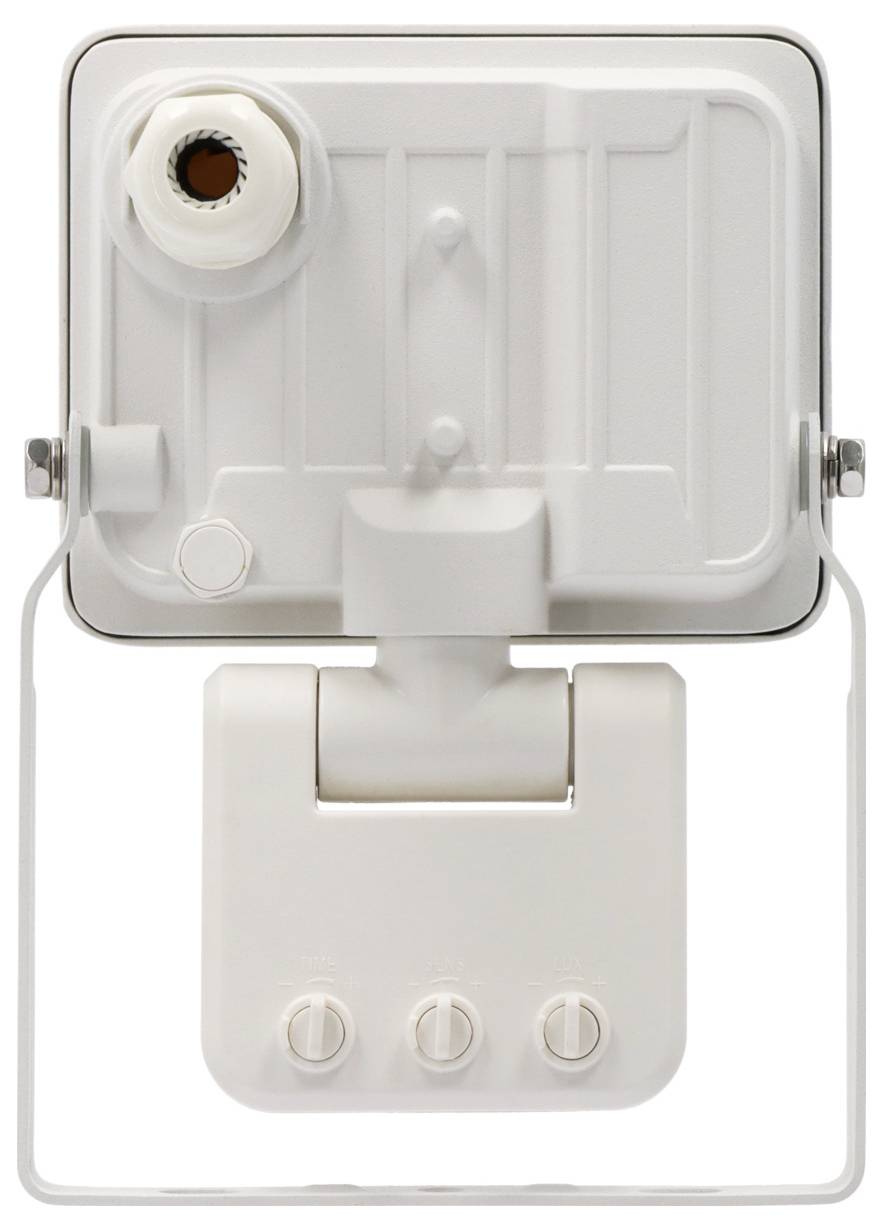 'White security floodlight with adjustable mount; viewed from the back with three control knobs for settings.'