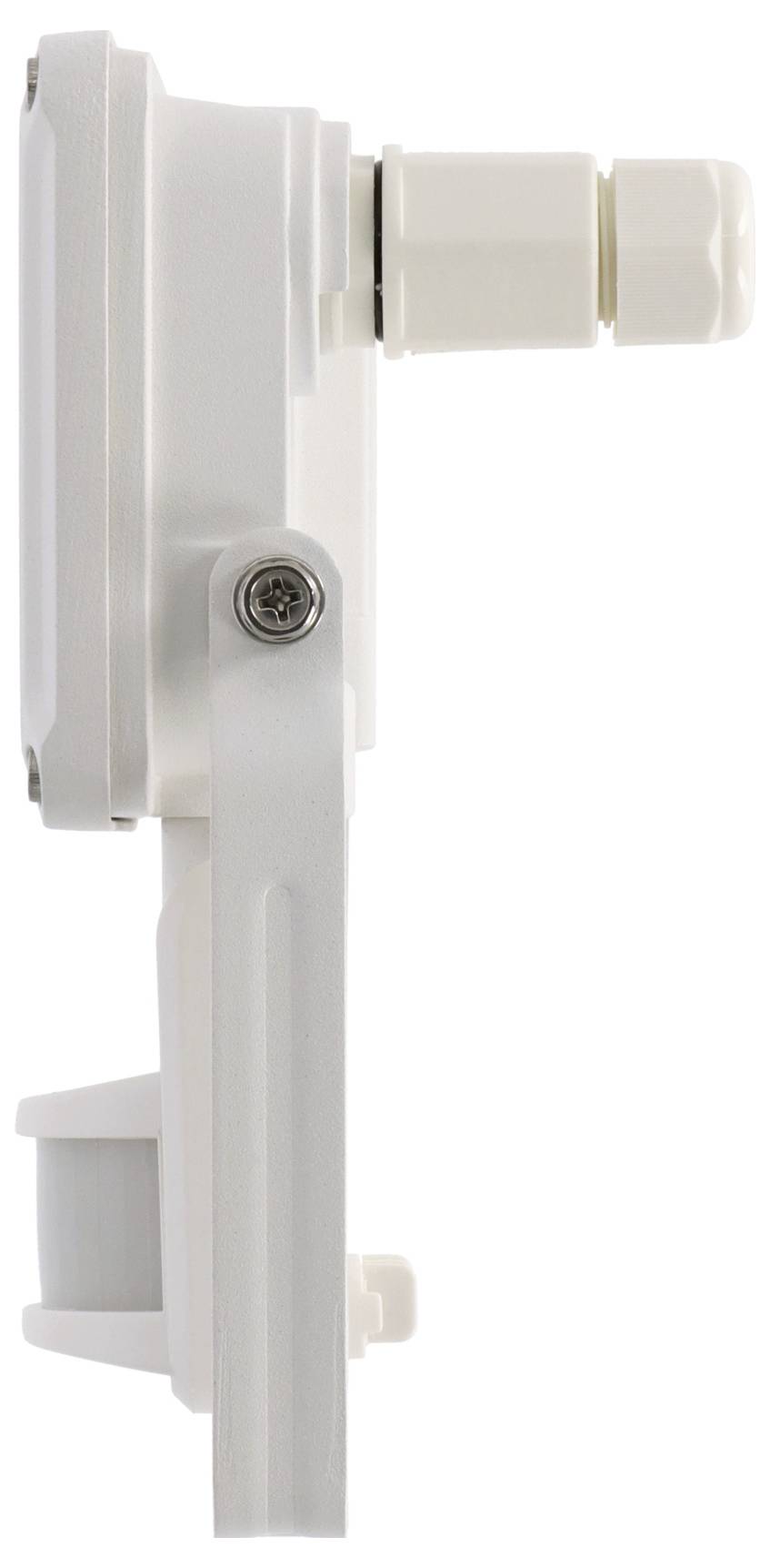 A close-up of a white electronic device with a sensor and an adjustable bracket on the side, viewed from the side.