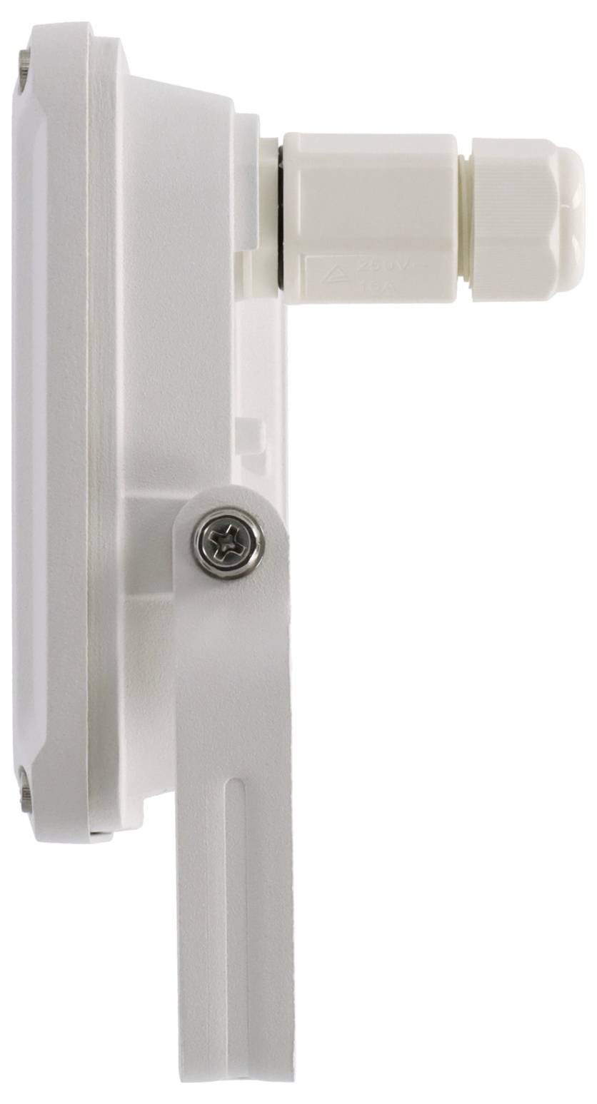 Side view of a white wall-mounted electronic device with a cable connector on top and an adjustable bracket.