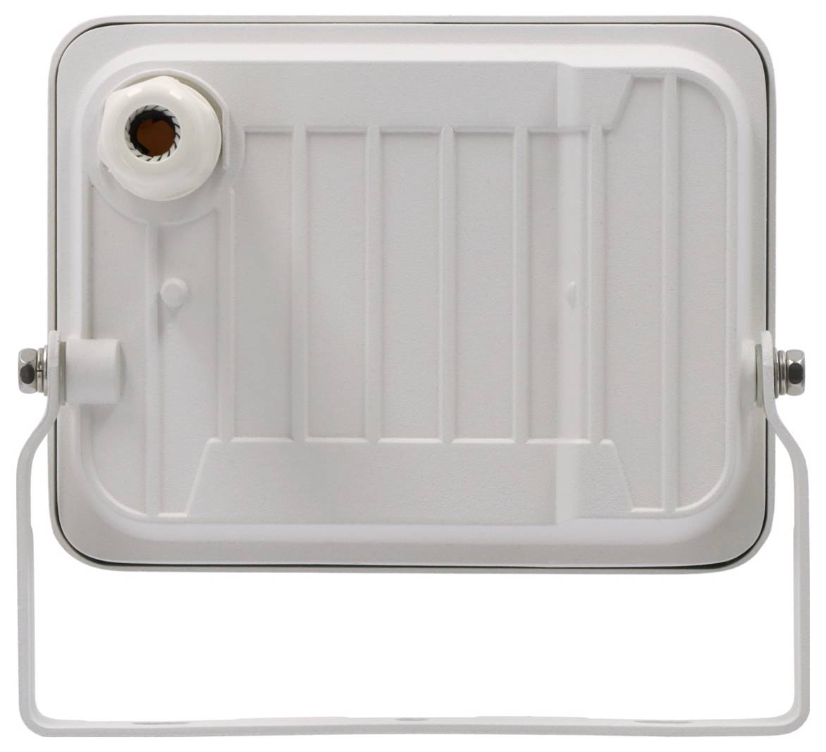 A rectangular, white device with a circular component on the upper left corner and a metal handle attached to the sides.