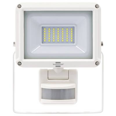 White LED floodlight with motion sensor attached below, shown front view on a plain background.