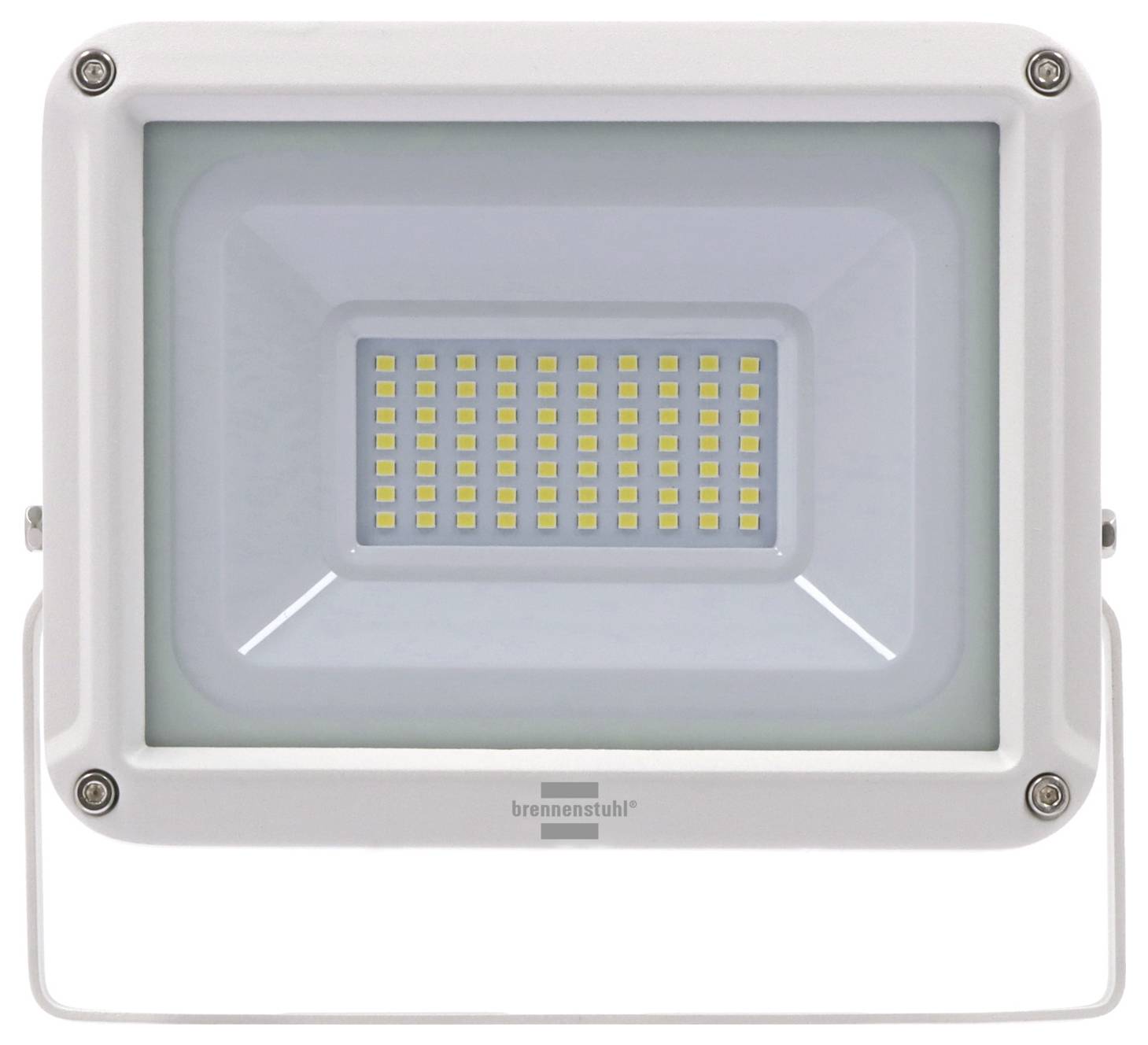 'White LED floodlight with multiple small bulbs encased in a rectangular frame, attached to a mounting bracket for installation.'