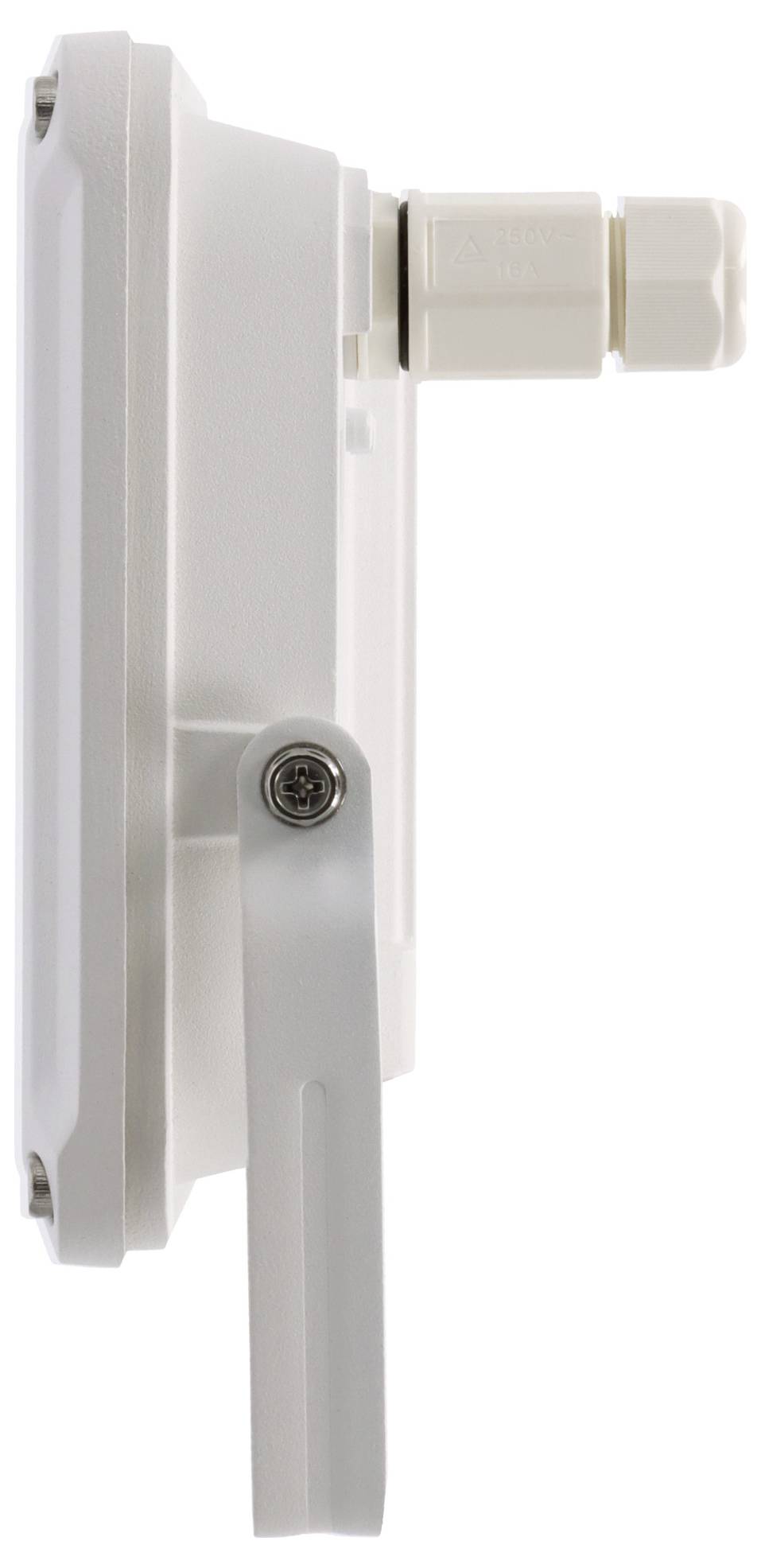 Side view of a white electronic device with an adjustable metal bracket and a cable connector at the top.