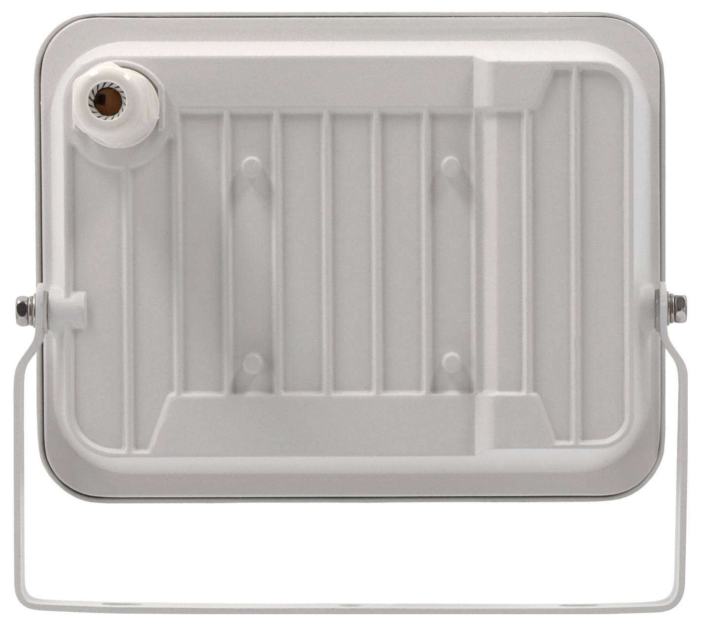 Rear view of a rectangular white floodlight with mounting bracket, showing the back panel and connection point in the top left corner.