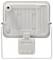 A white rectangular outdoor floodlight with adjustable bracket, featuring three visible screws underneath and a conduit entry on top left.