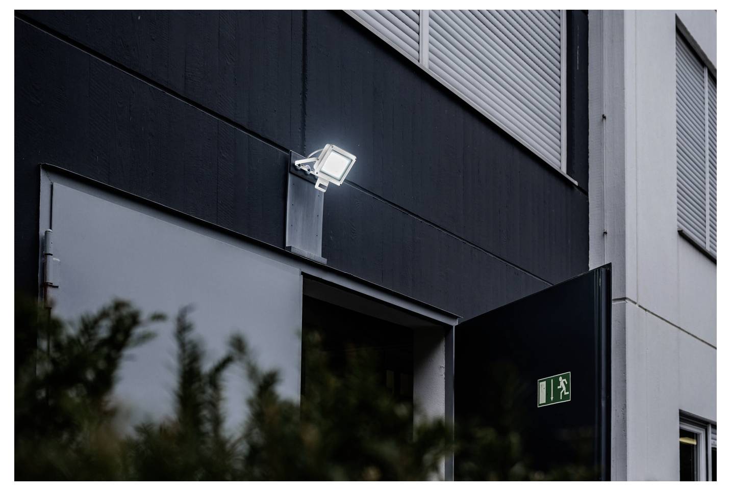 An open door with an emergency exit sign above it, illuminated by an exterior floodlight on a dark building facade. Bushes in foreground.
