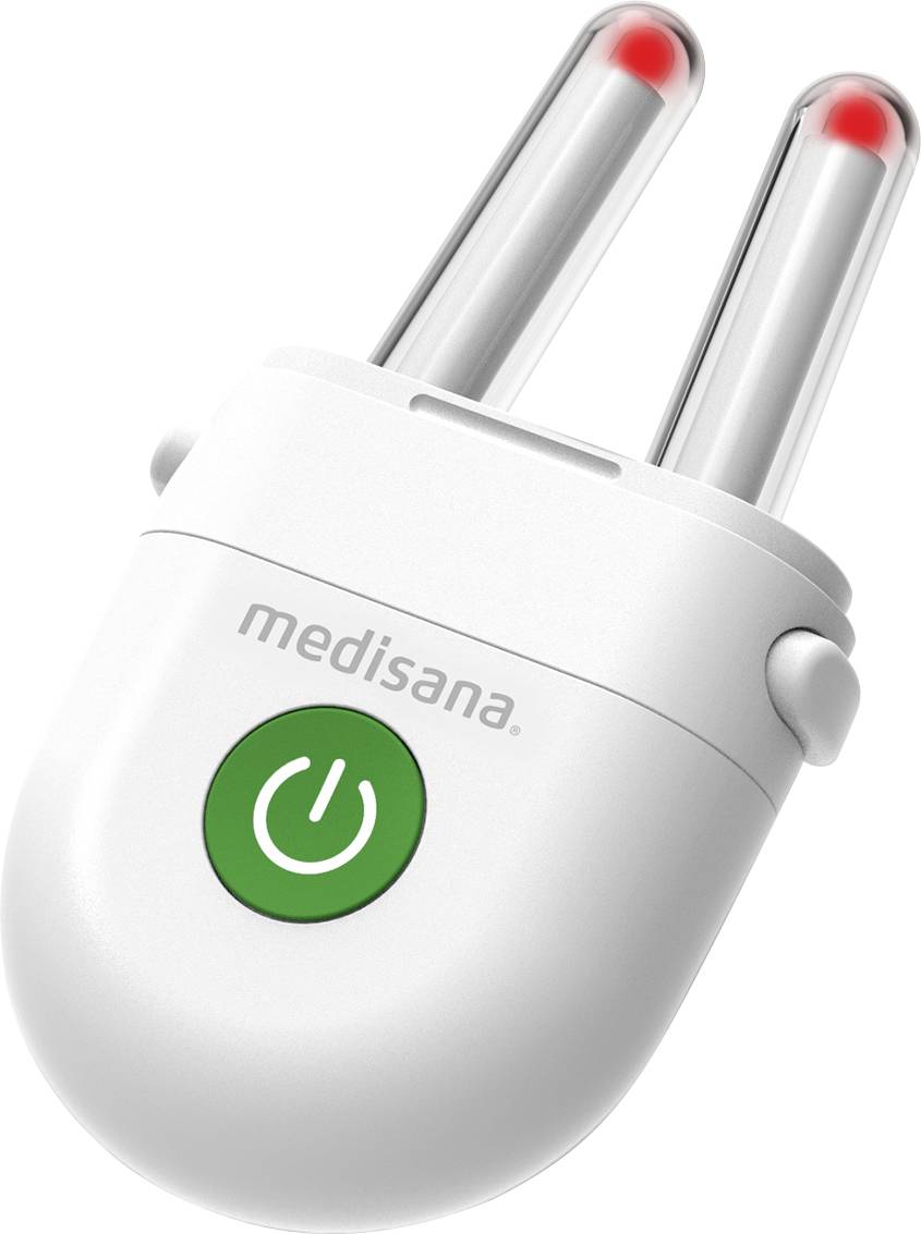 A white electronic device with two metal prongs and a green power button, labeled 'medisana'. The prongs have red-tipped ends.