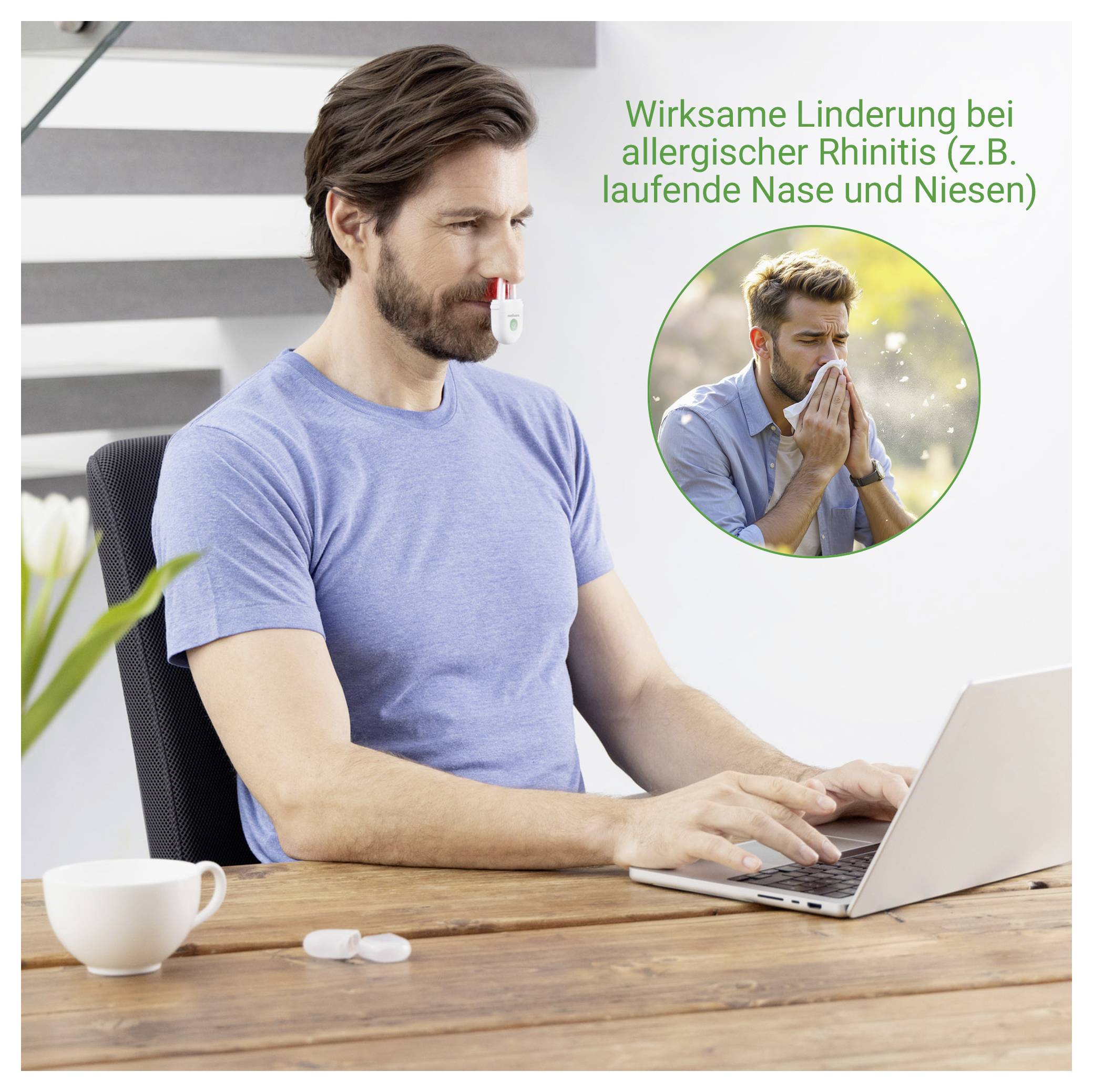 A man sitting at a desk uses a nasal clip device, with text in German about relief from allergic rhinitis like a runny nose and sneezing.