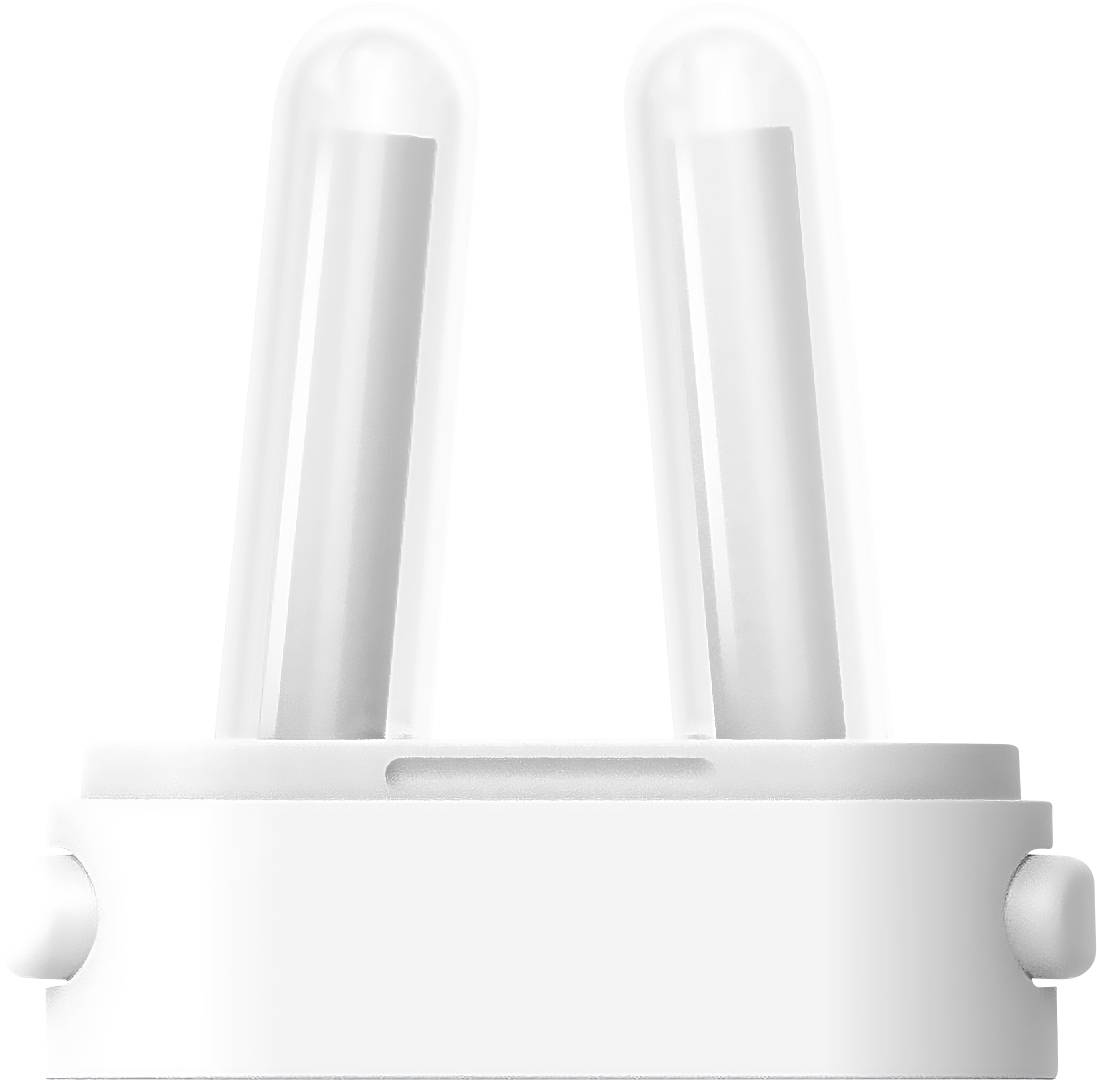 A close-up image of a small white plastic switch with two raised cylindrical buttons.