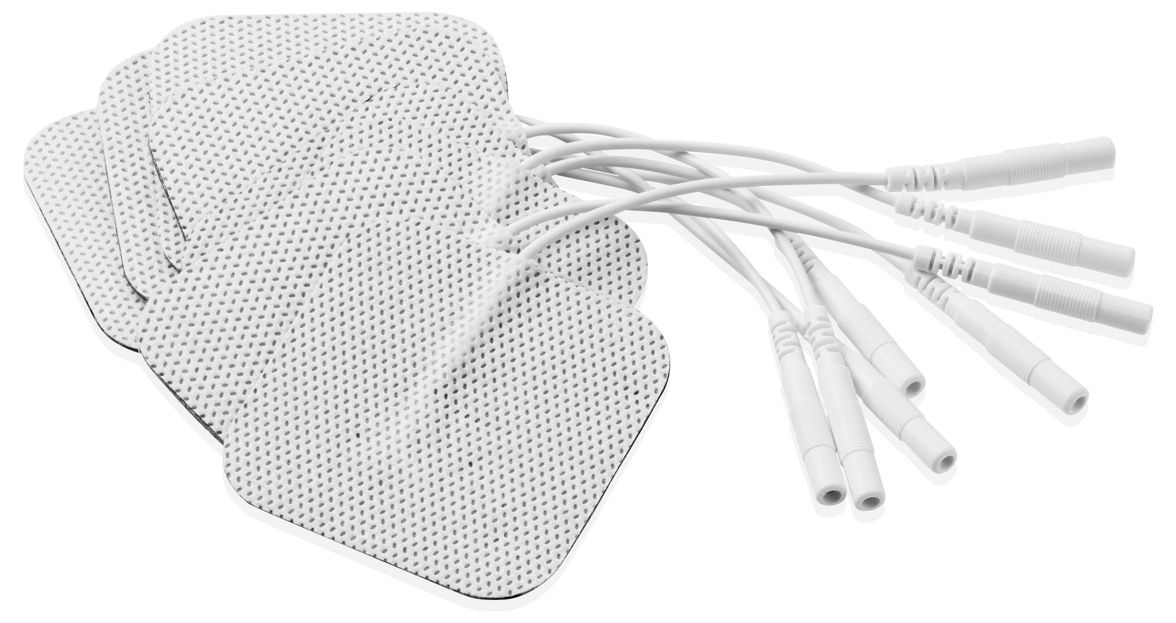 A set of square adhesive electrode pads with attached white wires, used for medical or therapeutic purposes.
