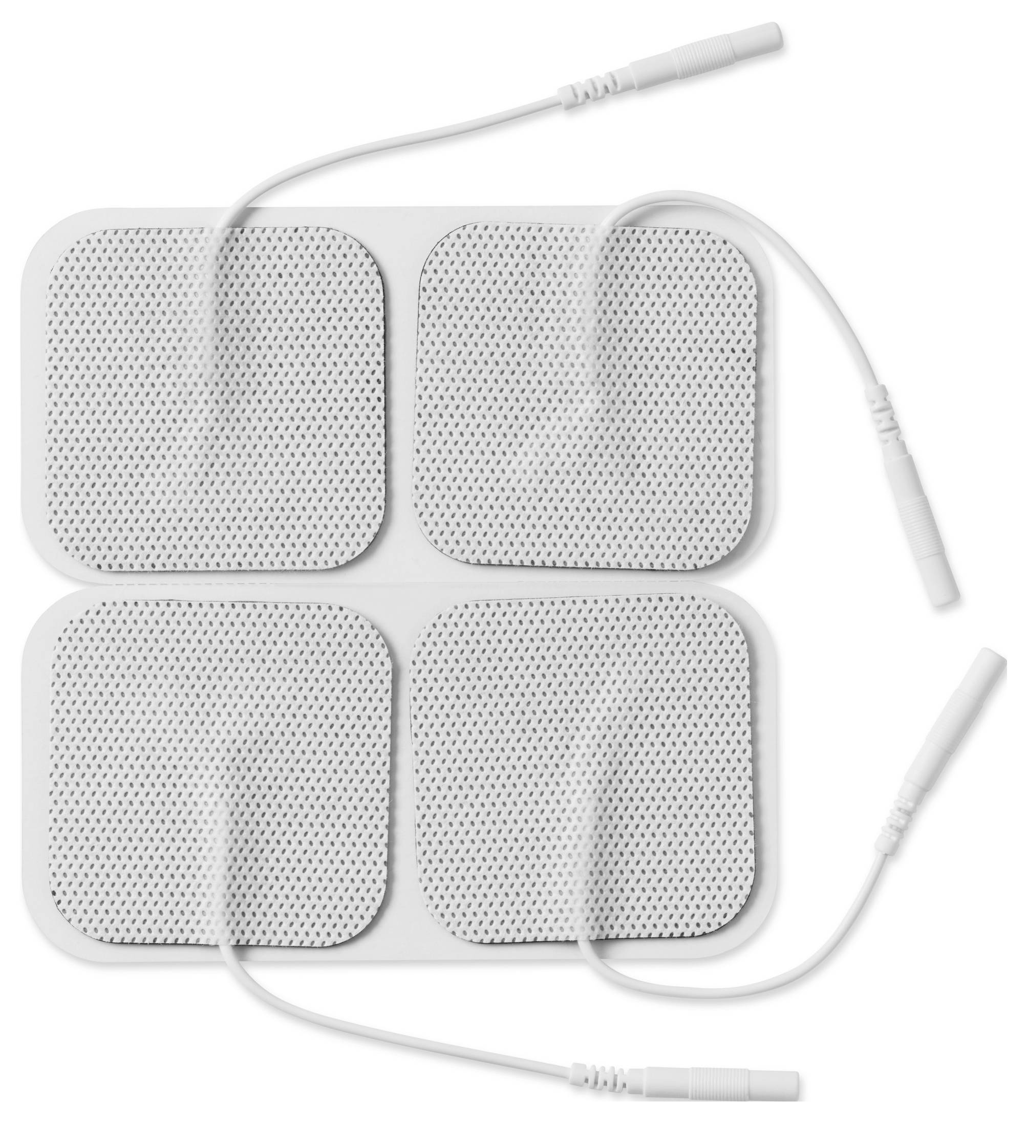 'Four square adhesive electrode pads with attached wires, used for medical or therapeutic purposes, arranged in a 2x2 grid.'