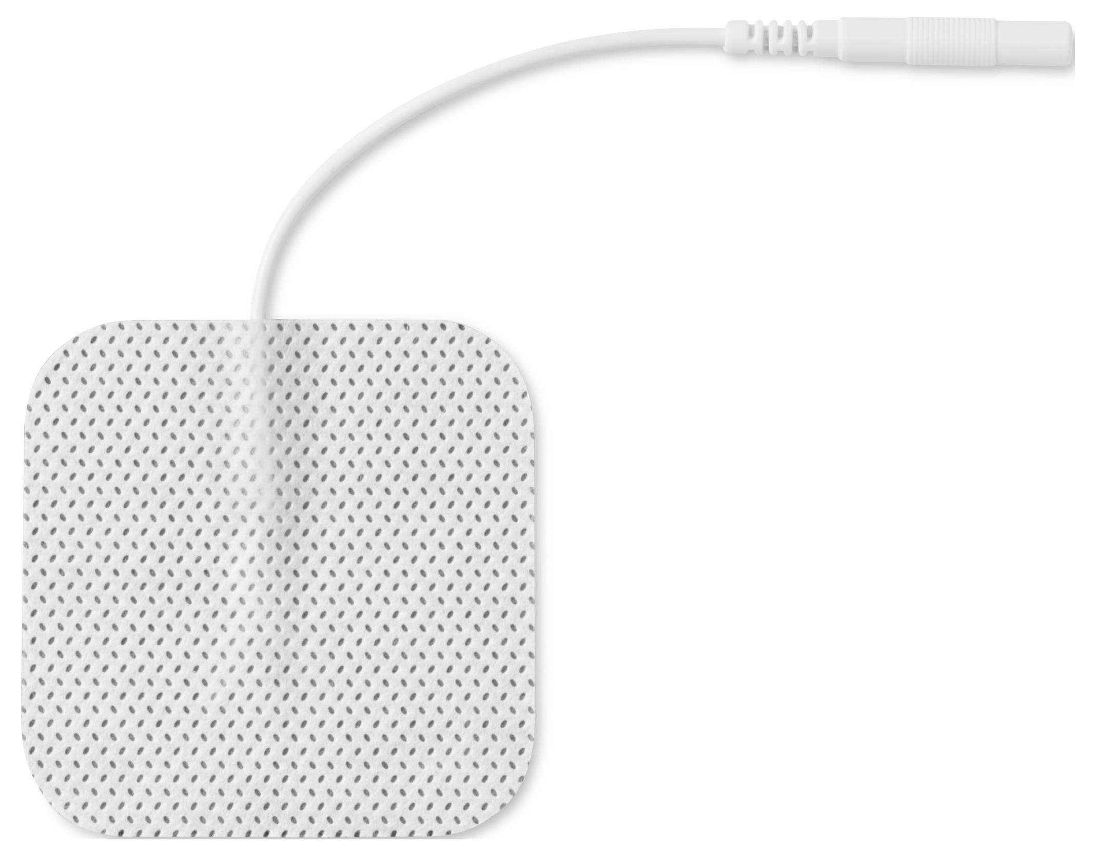 'White adhesive electrode pad with a cable for electrical stimulation therapy on a white background.'
