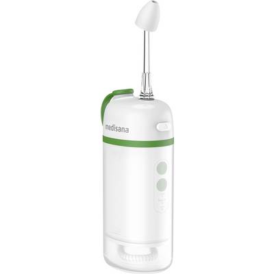 Portable oral irrigator with a white and green design, featuring a cylindrical water tank, detachable nozzle, and control buttons on the side.