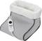 Electric foot warmer in gray fabric with fuzzy white lining, featuring a remote control attached by a cord.