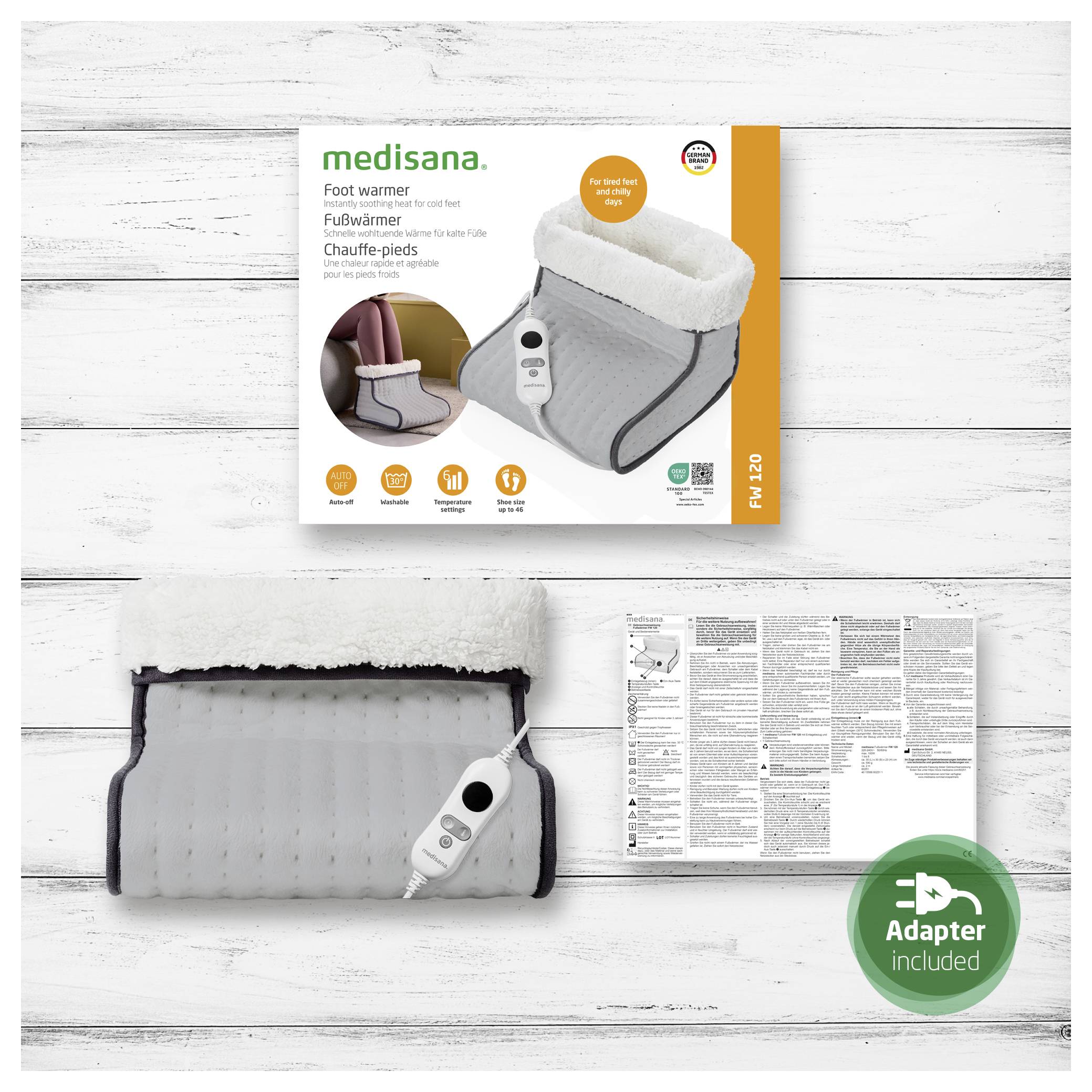 'Medisana foot warmer with soft lining and control. Features include rapid heat and auto-off. Adapter included. Model FWS.'