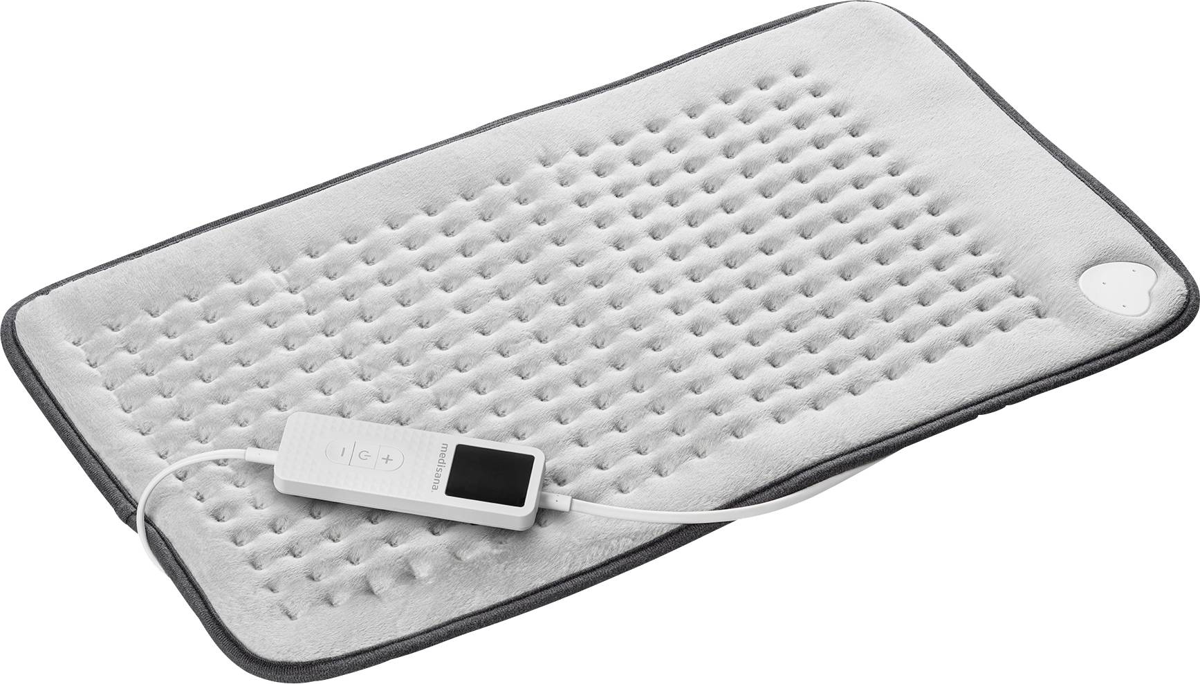 A rectangular, textured grey heating pad with a controller attached, featuring a digital screen and buttons for temperature adjustment.