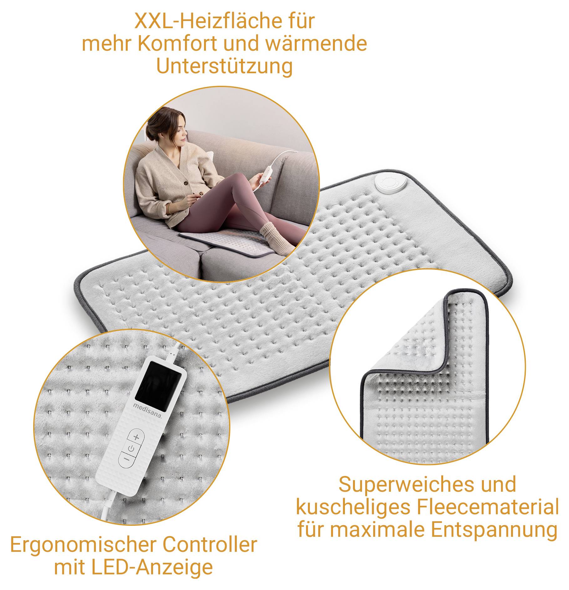 'A large heating pad with a soft fleece surface is shown, featuring an ergonomic controller with an LED display for adjustable warmth.'