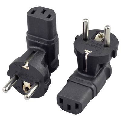 Two black power plug adapters shown on a white background, each with three round metal prongs and a rectangular socket end.