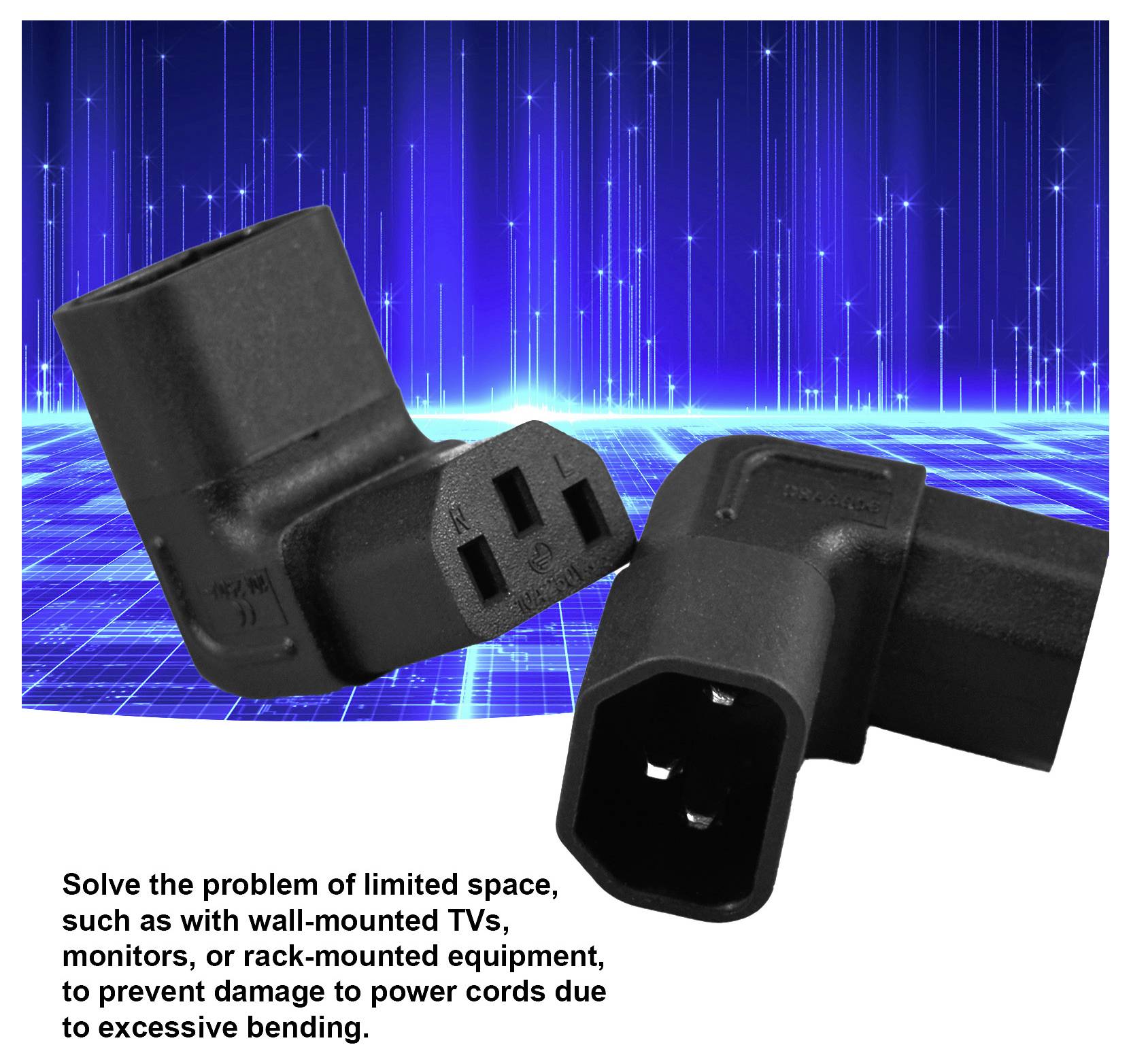 Two black right-angle power cord adapters on a blue tech background, with text about preventing power cord damage in tight spaces.<br>