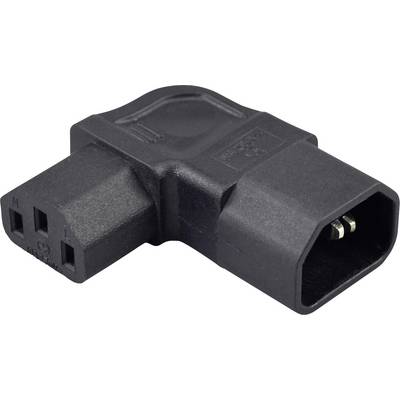 Black right-angle power adapter plug with IEC-style connector ends on a white background.