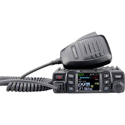 'A compact radio transceiver with an attached microphone, featuring a digital display and various control buttons for communication.'